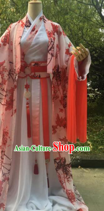 Traditional Chinese Cosplay Prince Printing Maple Leaf Costumes Ancient Swordsman Hanfu Clothing for Men