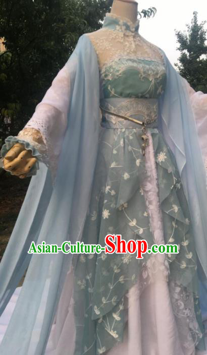 Traditional Chinese Cosplay Female Swordsman Jun Fu Blue Dress Ancient Drama Fairy Princess Costumes for Women