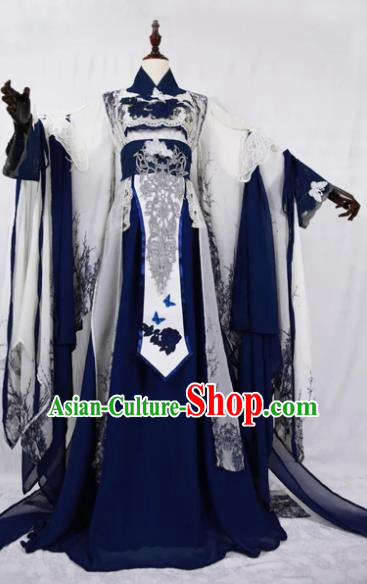 Traditional Chinese Cosplay Court Queen Royalblue Dress Ancient Drama Fairy Princess Costumes for Women