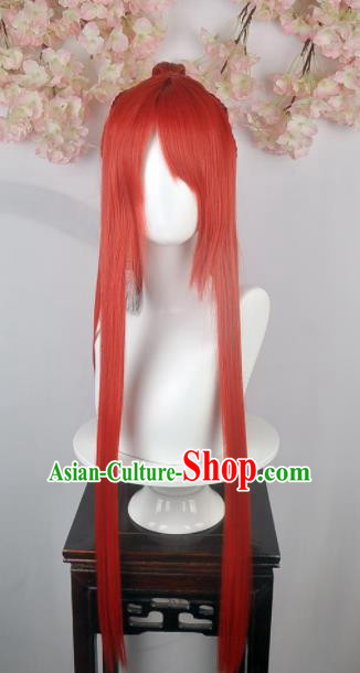 Traditional Chinese Cosplay Swordsman Red Wigs Sheath Ancient Nobility Childe Prince Chignon for Men