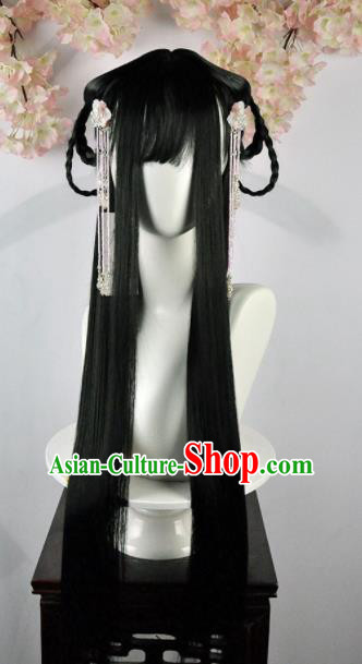 Traditional Chinese Cosplay Swordsman Black Long Wigs Sheath Ancient Goddess Chignon for Women