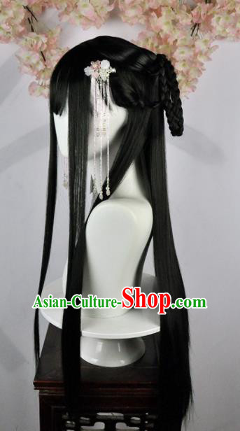 Traditional Chinese Cosplay Swordsman Black Long Wigs Sheath Ancient Goddess Chignon for Women