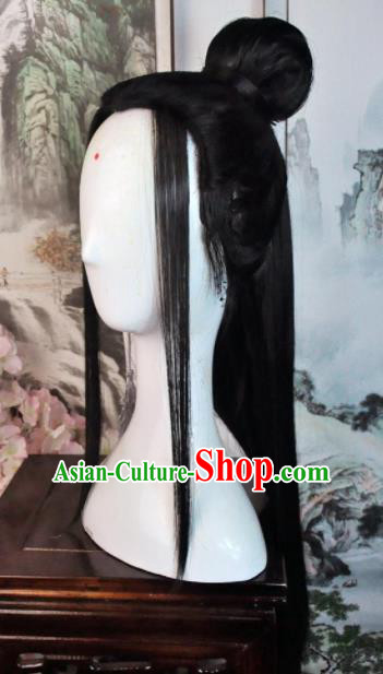 Traditional Chinese Cosplay Taoist Nun Black Long Wigs Sheath Ancient Swordsman Goddess Chignon for Women