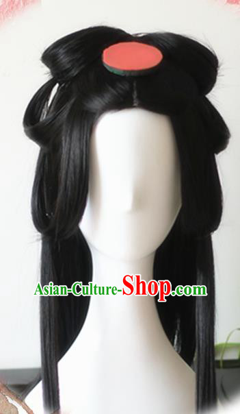 Traditional Chinese Cosplay Princess Black Long Wigs Sheath Ancient Female Swordsman Chignon for Women