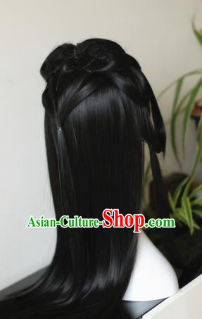 Traditional Chinese Cosplay Princess Black Long Wigs Sheath Ancient Female Swordsman Chignon for Women