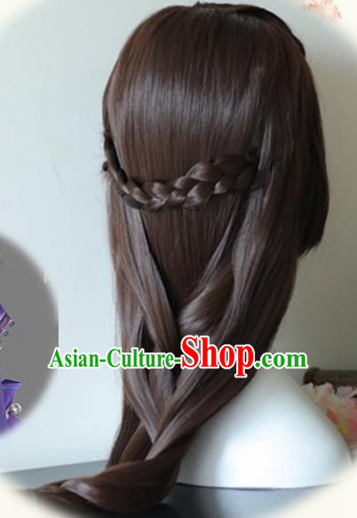 Traditional Chinese Cosplay Princess Brown Wigs Sheath Ancient Female Swordsman Chignon for Women