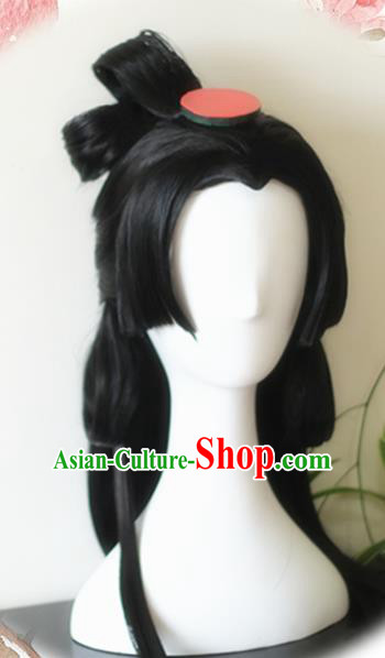 Traditional Chinese Cosplay Princess Xiao Qiao Black Long Wigs Sheath Ancient Female Swordsman Chignon for Women