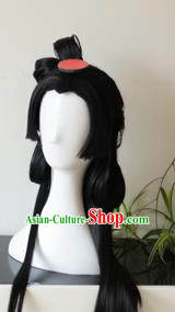 Traditional Chinese Cosplay Princess Xiao Qiao Black Long Wigs Sheath Ancient Female Swordsman Chignon for Women