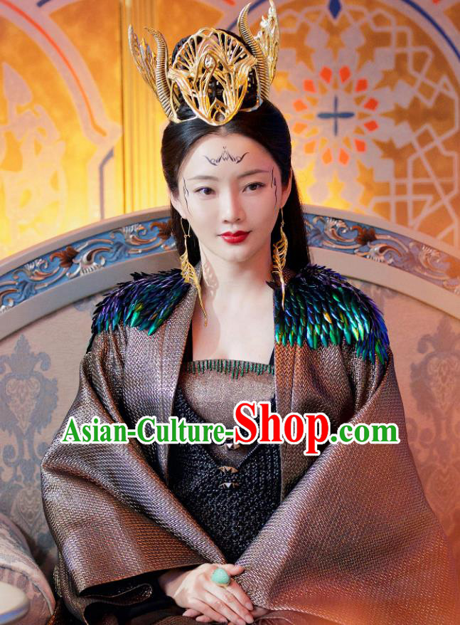 Chinese Ancient Queen Ling Yue Dress Drama Love and Destiny Goddess Liu Qianhan Costumes and Headpiece for Women
