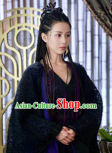 Chinese Ancient Princess Bao Qing Black Dress Drama Love and Destiny Swordsman Liu Yinglun Costumes and Headpiece for Women