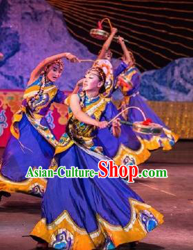 Chinese Happiness On The Way Zang Nationality Dance Purple Dress Stage Performance Costume and Headpiece for Women