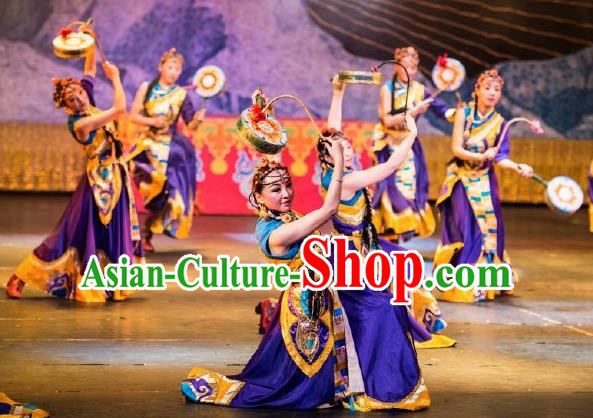 Chinese Happiness On The Way Zang Nationality Dance Purple Dress Stage Performance Costume and Headpiece for Women