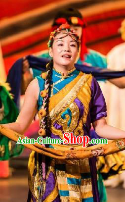 Chinese Happiness On The Way Zang Nationality Dance Purple Dress Stage Performance Costume and Headpiece for Women
