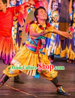 Chinese Happiness On The Way Zang Nationality Yellow Clothing Stage Performance Dance Costume for Men