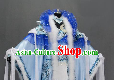 Traditional Chinese Cosplay Goddess Queen Blue Dress Ancient Drama Female Swordsman Costumes for Women