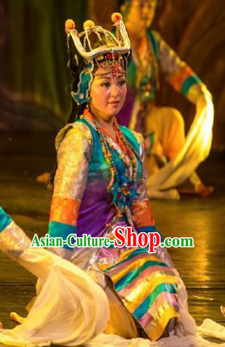 Chinese Happiness On The Way Zang Nationality Dance Yellow Dress Stage Performance Costume and Headpiece for Women