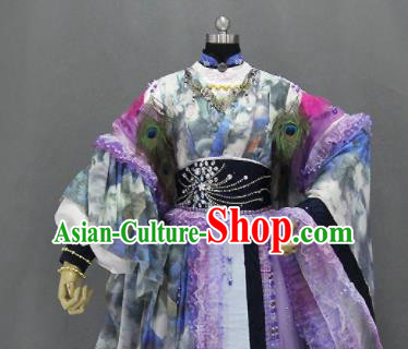 Traditional Chinese Cosplay Goddess Princess Printing Purple Dress Ancient Drama Female Swordsman Costumes for Women