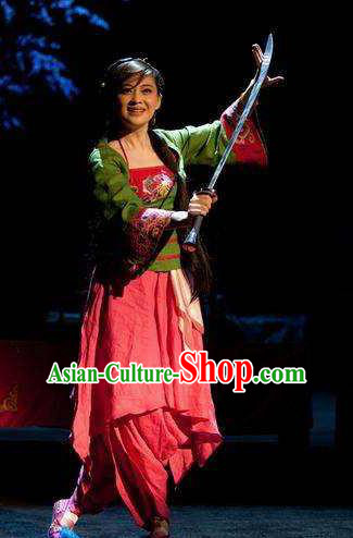 Chinese I Love Taohua Classical Dance Dress Stage Performance Costume and Headpiece for Women