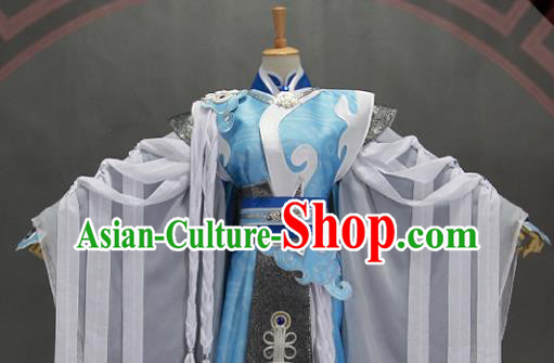 Customize Chinese Traditional Cosplay Taoist Priest Blue Costumes Ancient Swordsman Clothing for Men