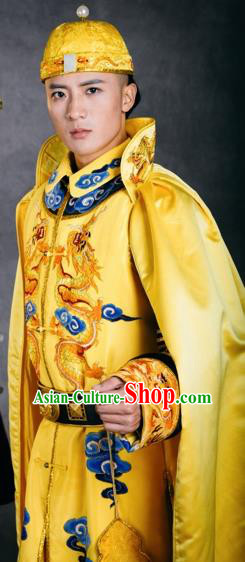 Chinese The Burning Of The Imperial Palace Ancient Qing Dynasty Emperor Yellow Clothing Stage Performance Dance Costume for Men