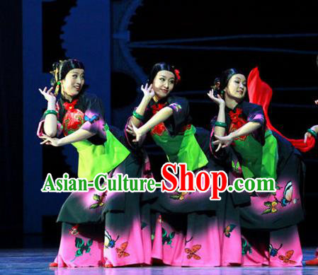 Chinese Female Embroider Folk Dance Fan Dance Dress Stage Performance Costume and Headpiece for Women