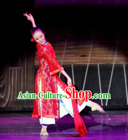 Chinese Female Embroider Folk Dance Fan Dance Red Dress Stage Performance Costume and Headpiece for Women