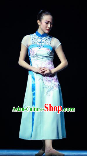 Chinese Female Embroider Classical Dance Blue Dress Stage Performance Costume and Headpiece for Women