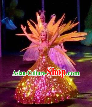 Chinese Night Of West Lake Classical Dance Golden Dress Stage Performance Costume and Headpiece for Women