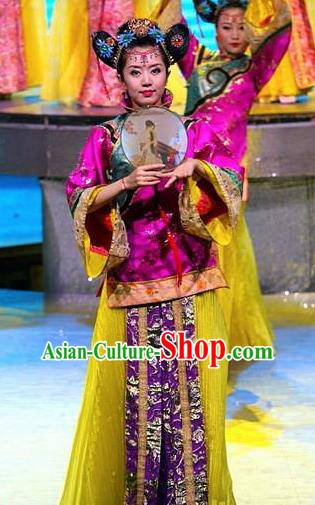 Chinese Night Of West Lake Classical Dance Purple Dress Stage Performance Costume and Headpiece for Women