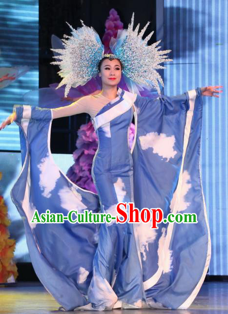 Chinese Night Of West Lake Modern Dance Blue Dress Stage Performance Costume and Headpiece for Women