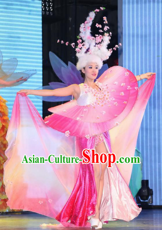 Chinese Night Of West Lake Classical Peach Flower Dance Pink Dress Stage Performance Costume and Headpiece for Women
