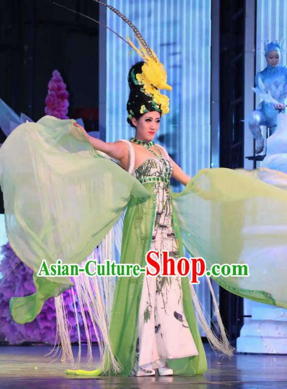 Chinese Night Of West Lake Classical Flower Dance Green Dress Stage Performance Costume and Headpiece for Women