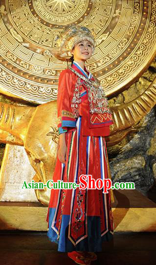 Chinese Ayiduo Miao Nationality Dance Red Dress Stage Performance Costume and Headpiece for Women