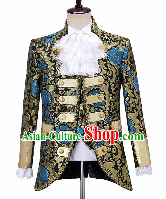 Traditional England Prince Costumes European Court Jacquard Weave Blue Flowers Vest Coat Clothing for Men