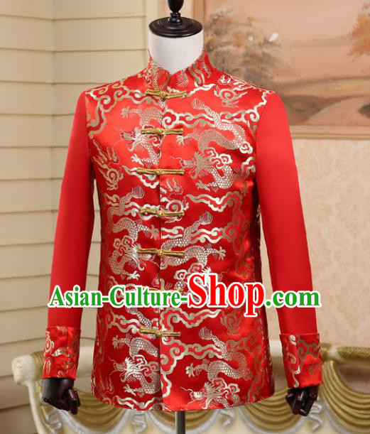 Traditional Chinese Tang Suit Costumes Wedding Dragon Red Overcoat for Men