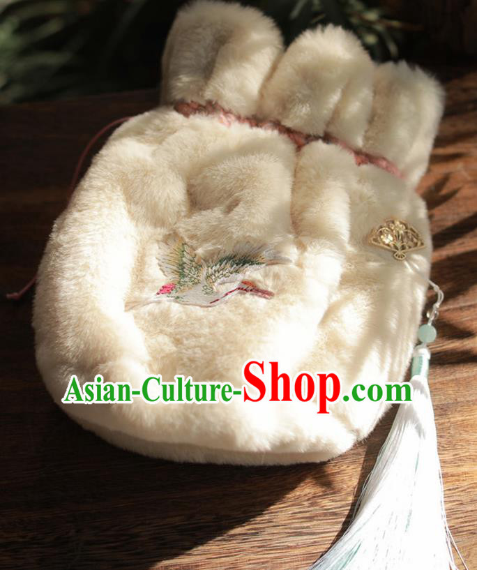 Traditional Chinese Ancient Termofor Embroidered Crane White Bag
