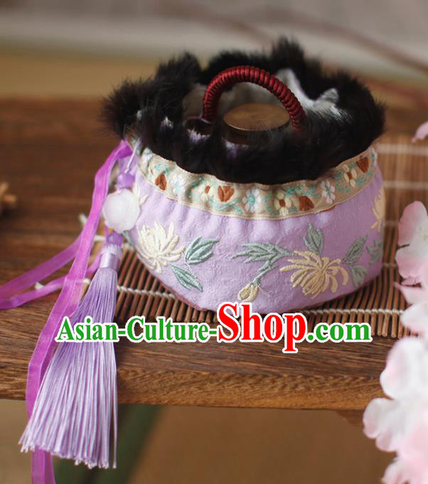 Traditional Chinese Ancient Termofor Cover Embroidered Chrysanthemum Purple Brocade Bag