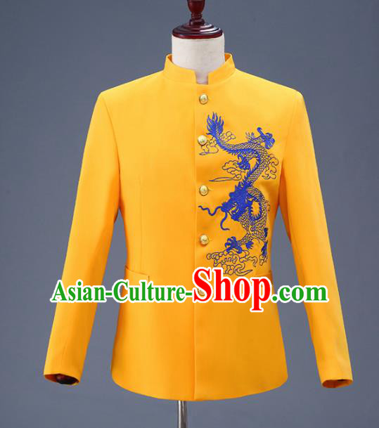 Traditional Chinese Tang Suit Costumes Embroidered Dragon Yellow Overcoat for Men