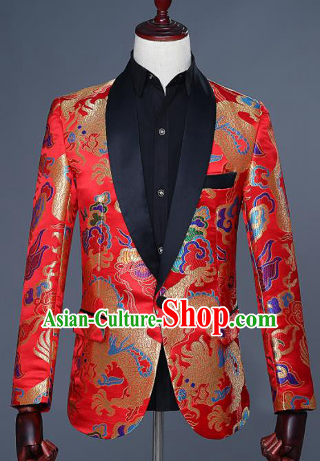 Traditional Chinese Tang Suit Costumes Embroidered Dragon Red Overcoat for Men