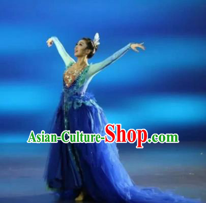 Chinese Zhaojun Chu Sai Mongol Nationality Blue Dress Stage Performance Dance Costume and Headpiece for Women