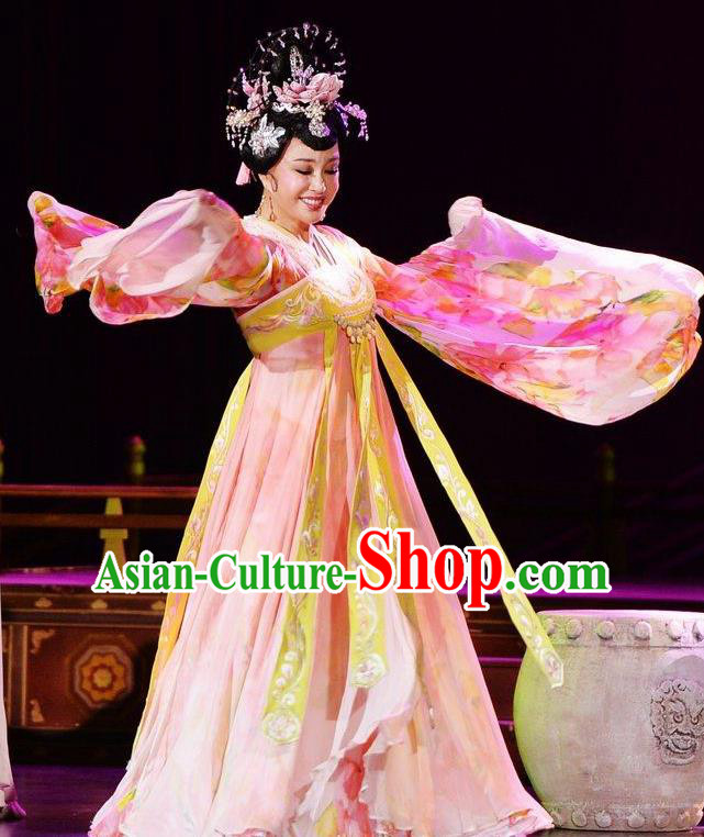 The Empress of China Ancient Tang Dynasty Imperial Consort Pink Dress Stage Performance Dance Costume and Headpiece for Women