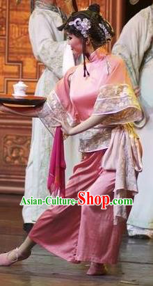 Chinese Impression of Suzhou Classical Dance Pink Dress Stage Performance Costume and Headpiece for Women