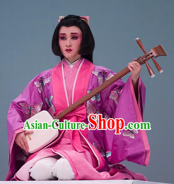 The Legend of Chunqin Shaoxing Opera Japan Geisha Embroidered Butterfly Purple Kimono Dress Stage Performance Costume and Headpiece for Women