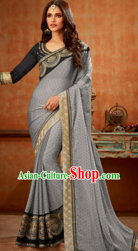 Asian India Traditional Costume Indian Bollywood Embroidered Grey Silk Sari Dress for Women