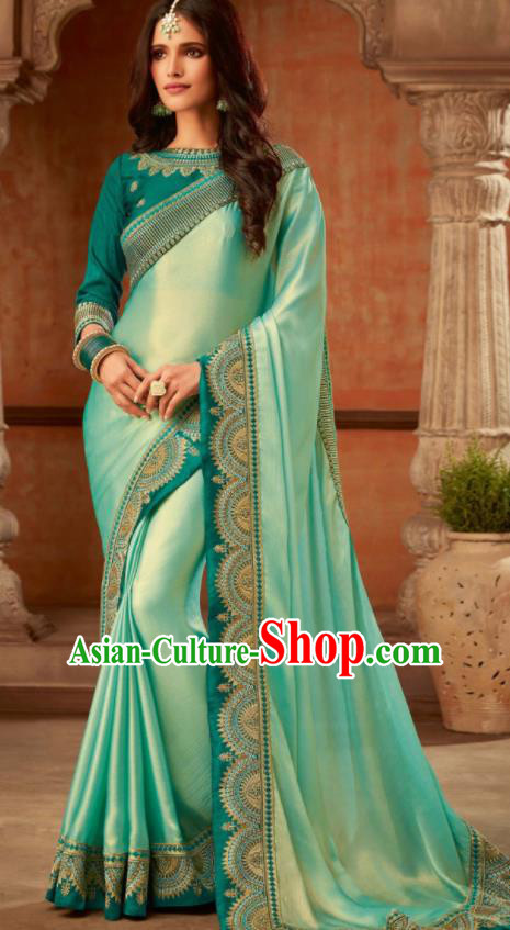 Asian India Traditional Costume Indian Bollywood Embroidered Green Silk Sari Dress for Women