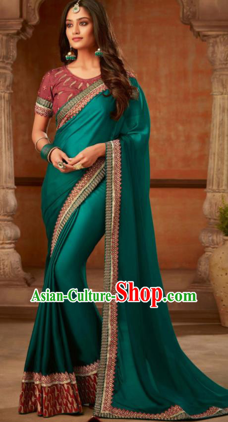 Asian India Traditional Costume Indian Bollywood Embroidered Peacock Green Silk Sari Dress for Women