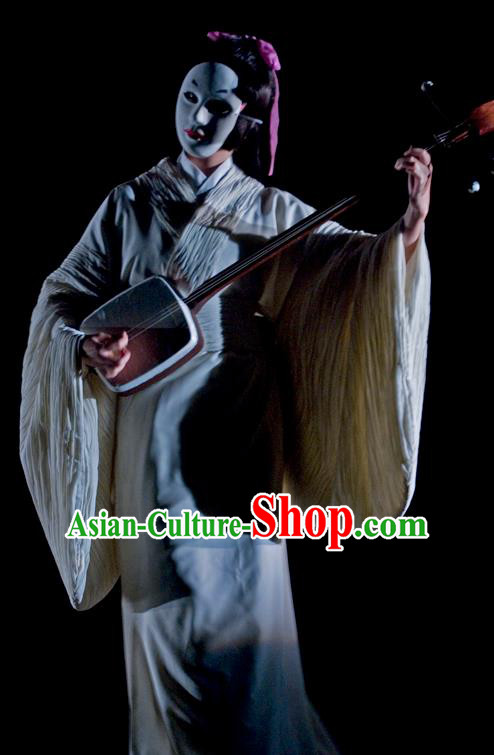 The Legend of Chunqin Shaoxing Opera Japan Kabuki White Kimono Dress Stage Performance Costume and Headpiece for Women