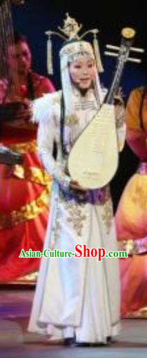 Chinese Zhaojun Chu Sai Mongol Nationality Dance White Dress Stage Performance Costume and Headpiece for Women