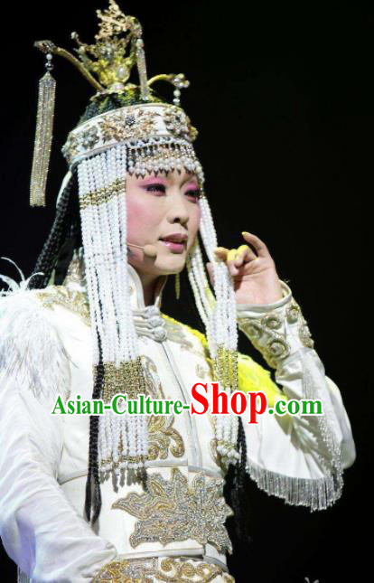 Chinese Zhaojun Chu Sai Mongol Nationality Dance White Dress Stage Performance Costume and Headpiece for Women