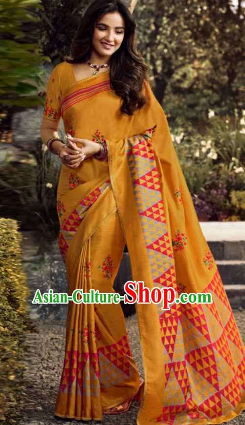 Asian India Traditional Sari Costumes Indian Bollywood Embroidered Ginger Silk Dress for Women